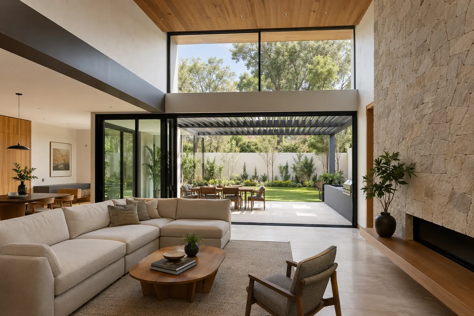 Sala ampliada con doble altura, piedra, madera y vista al jardín