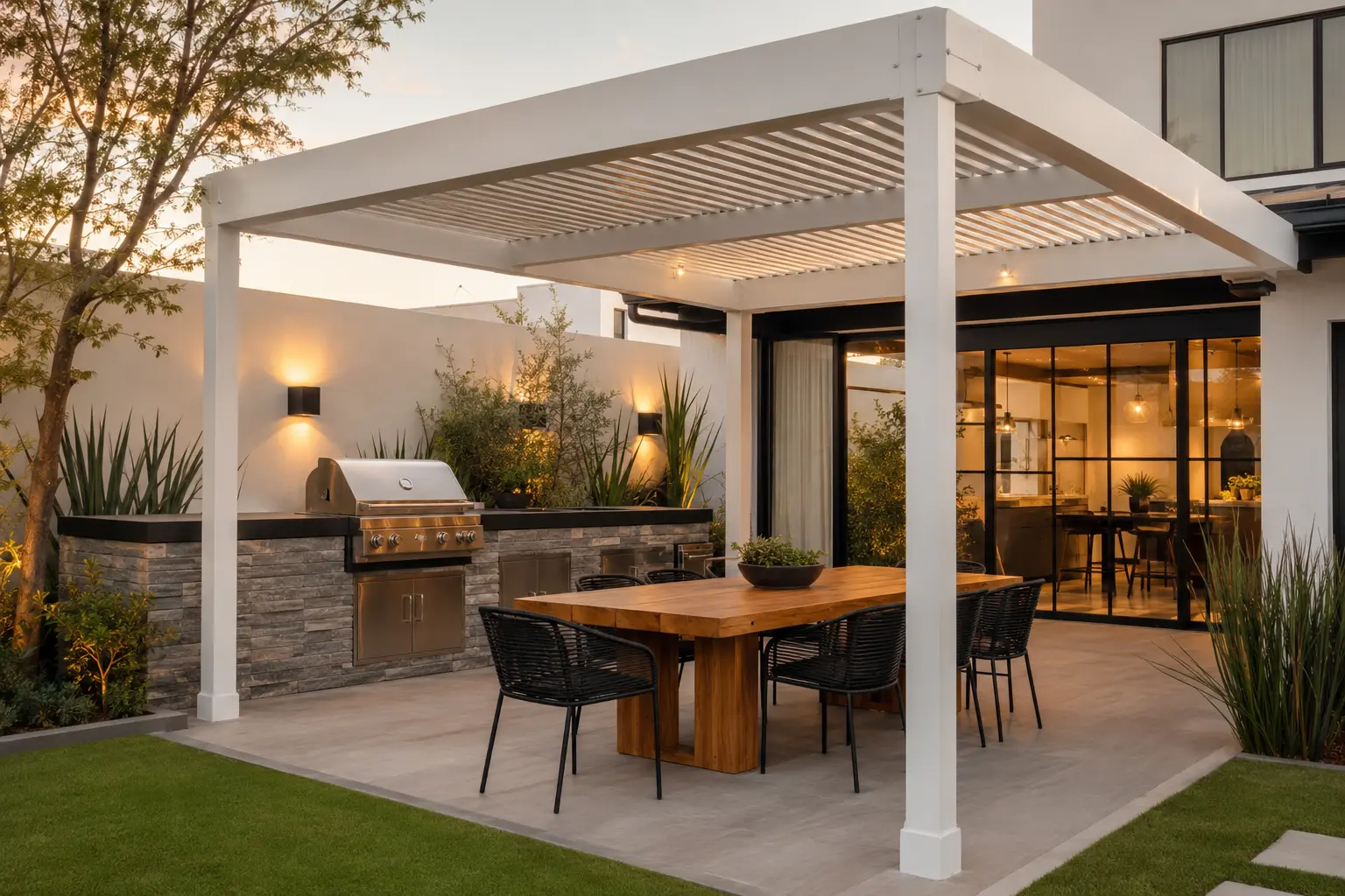 Pérgola blanca con cocina exterior de piedra y comedor de madera